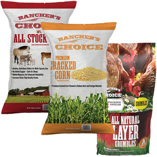 Rancher's Choice All Stock Feed, All Natural Layer Crumbles & Cracked Corn
