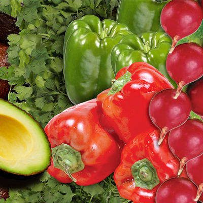 Large Avocados, Green Onion, Cilantro, Radishes, Green or Red Le Rouge Bell Peppers